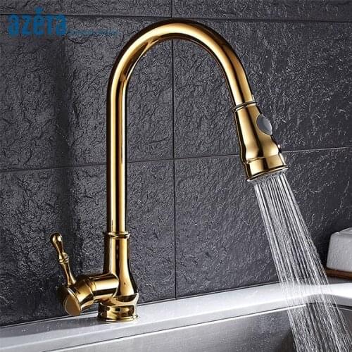 Azeta Arch Shape Kitchen Faucet Golden Pull Out 360 Degree Swivel Spout Cold and Hot Water Kitchen Sink Tap Torneira MK8208G