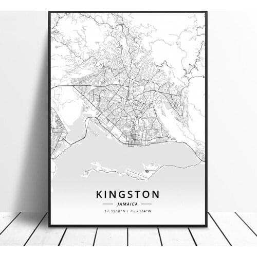 Black and White Kingston Jamaica White Latitude Longitude Canvas Art Map Poster