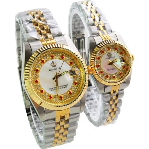HK Luxury Brand Fashion Rhinestone Man Woman Lovers quartz Calendar Clock Top Quality Stainless Gold steel Dress Wrist watches