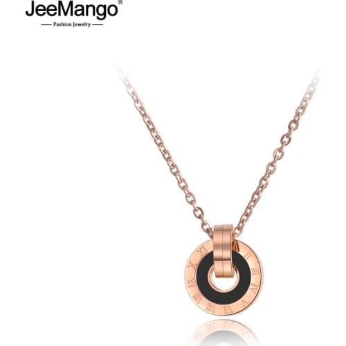 JeeMango Mosaic Shell & Acrylic Double Circle Pendant Necklace Stainless Steel Wedding Chain Necklaces Women Jewelry JN19053