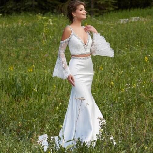 Two Piece Set Prom Gown Sexy Lace Crysatl Speaker Sleeves Wedding Party Dress