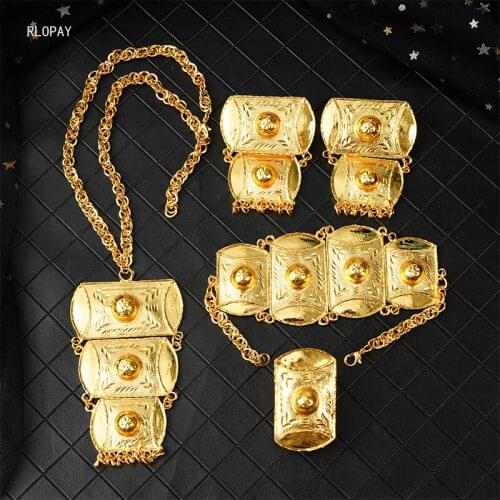 Rlopay Rich Gold Color Dubai Jewelry Sets Ethnic African Jewelry Necklace Ethiopian Bridal Jewelry Sets Luxury Wedding Sets