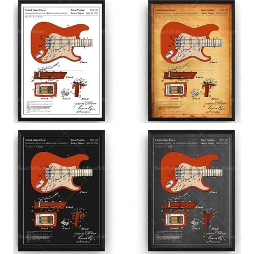 Fender Stratocaster 1954 Colourised Guitar Patent Print Wall Art Poster Blueprint Gifts