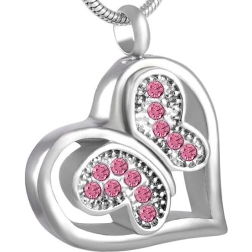 MJD8563 Lovely Crystal Butterfly in Heart Cremation Jewelry Pet Ashes Memorial Urn Necklace Locket for Women