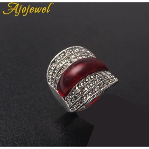 Size 7-9 Original Jewelry Red Stone Geometric Vintage Rings For Women With Black Rhinestones Bijoux Fine Wedding Gift