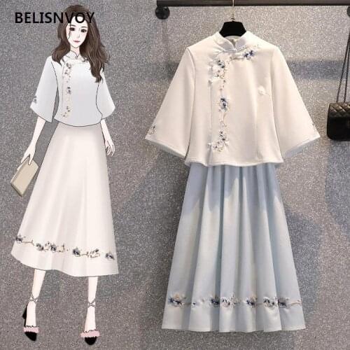 Plus Size 5XL Chinese Style Womens Skirts Suit 2021 Summer New Retro Embroidery Blouse Improved Hanfu Skirt Two-piece Set