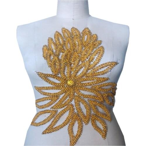 Handmade 40*37cm golden rhinestones applique on mesh sew on flower trim patches for dress accessory