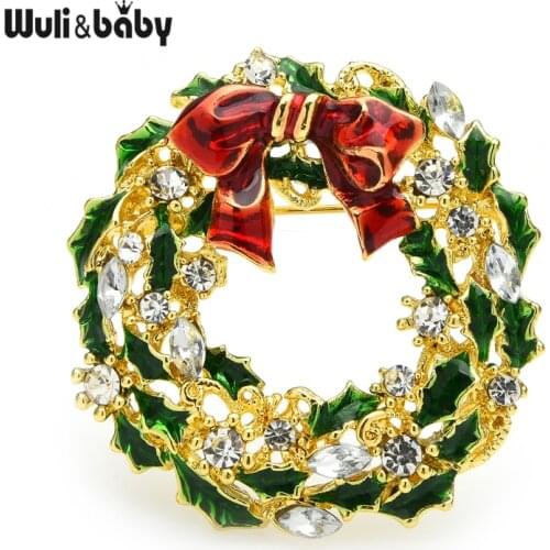 Wuli&baby New Year Christmas Flower Wreath Brooches For Women Men Rhinestone Bowknot Flower Brooch Pins Gifts