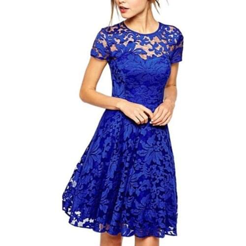 Women Summer Dresses 2021 Round Neck Short Sleeve Lace Mini Floral Solid Color Hollow Out Sexy Vestidos M6158