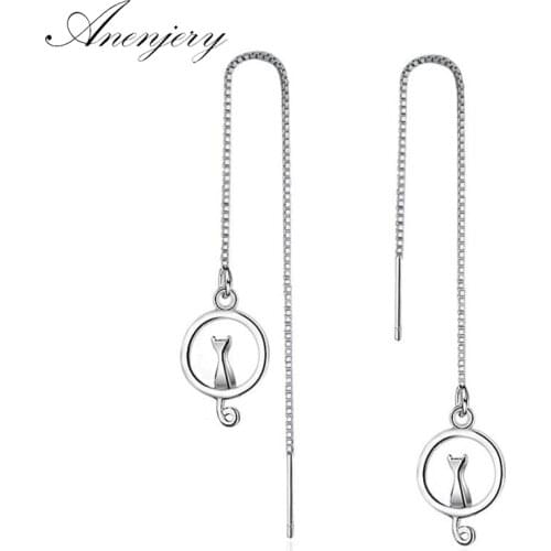 ANENJERY 925 Sterling Silver Earrings Moon Cat Long Tassel Earrings For Women oorbellen brincos pendientes S-E391