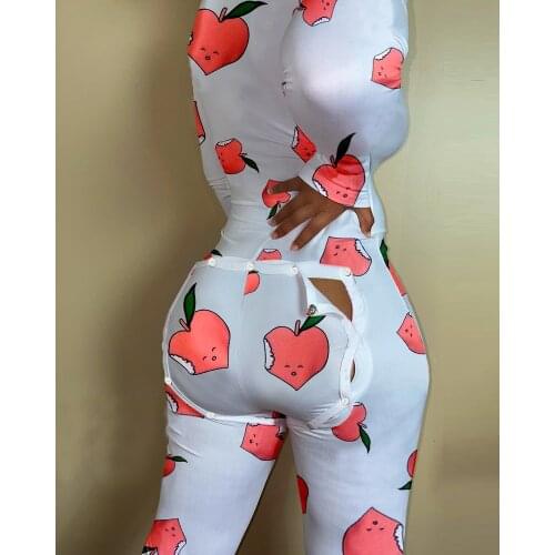 2021 New V-neck Buttons Up Sexy Romper Women Long Sleeve Jumpsuits Autumn Fruits Print Sleepwear Back Flap Sleepwear