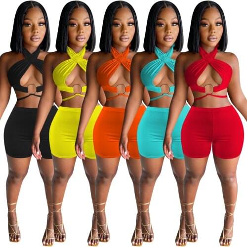 Summer Casual Streetwear Solid Hollow Out Shorts Tracksuit Women Sexy Bandage Crop Top + Biker Shorts Slim Two Piece Set Outfits