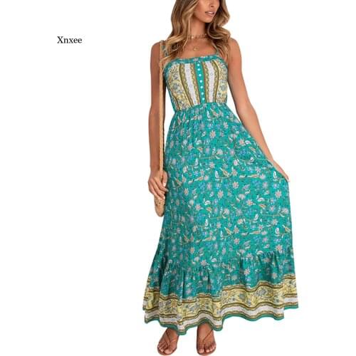 2021 Summer Boho Robe Floral Print Long Dress Women Casual Sleeveless Sexy Beach Holiday Maxi Sundress Button Vestidos Clothing