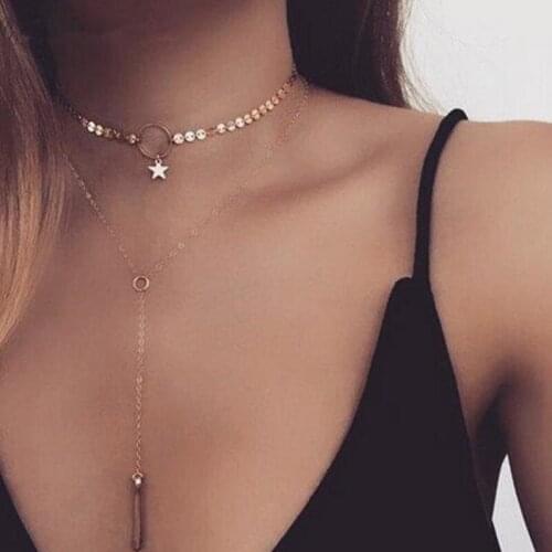 2019 new brand design sequins stars double tassel clavicle chain pendant necklace generous temperament trend gift for women