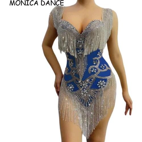 Gold Rhinestones Fringes Mesh Sexy Stage Tassel Bodysuit Women Birthday Celebrate Dress Costumes Outfit Prom Birthday Outfit