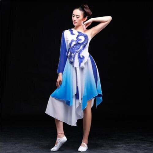 0127) new blue/red gradient Clouds solo classical dance costumes sequins Chinese folk dance dress for stage performance