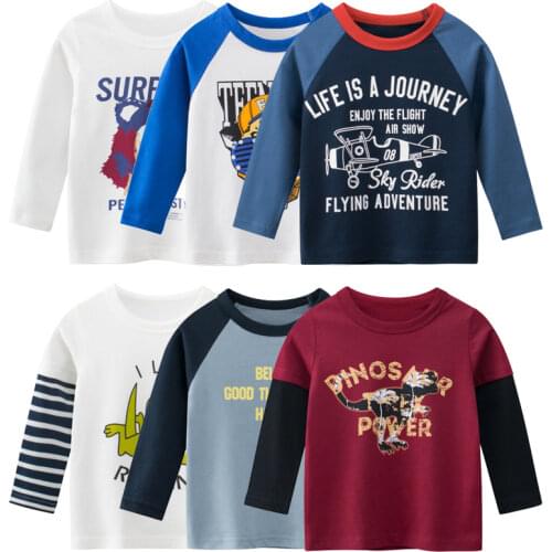 2021 Autumn Childrens Clothing Cartoon Dinosaur Long Sleeve T-shirt for Boys Animal Letter Plane Tops Tees Korean Kids Clothes