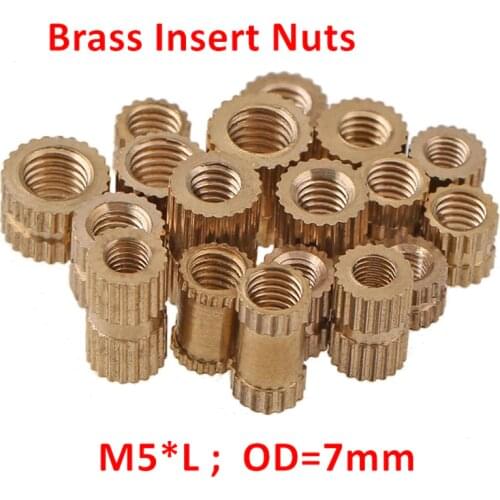 50pcs M5 Brass Thread Insert Nuts M5*5/6/8/10/12mm OD=7.3mm Knurled Brass Inserts Nuts Copper Nuts Injection Moulding Inserts