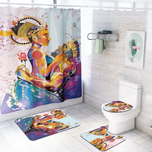 African Couple Printed Waterproof Shower Curtains Lover Bathroom Non-Slip Rug Toilet Seat Cover Bath Mats Set Home Decor