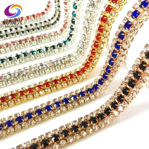 1 yard high quality 3 Rows glass crystal Rhinestone Chain,gold/silver base sew on chains For diy Garment Bags decorations