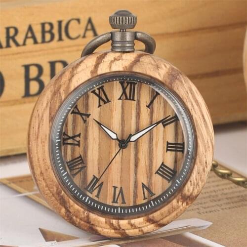 Natural Wood Quartz Pocket Timepiece Luminous Hands Roman Numerals Dial Open Face Zebrawood Wooden Bronze Chain Pendant Clock