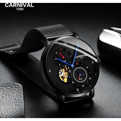 CARNIVAL 2020 Automatic Watch Men Fashion Tourbillon Mechanical Watches Small Second dial 24 Hours Display Sapphire Montre homme