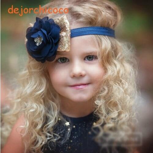 Rhinestone center princess girls chiffon flower sequin headbands Childrens floral bling hairbands Kids photo prop[dejorchicoco]