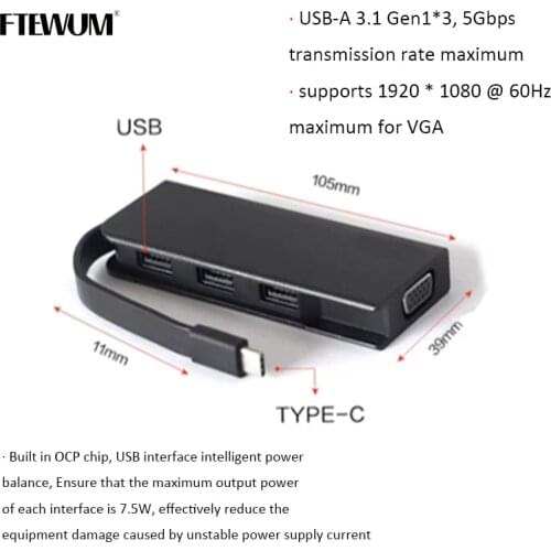 USB C 4-in-1 Hub Type C Hub to VGA Adapter Docking Station USB 3.1 for Lenovo ThinkPad T14 X13 X390 for MacBook Pro Accessories
