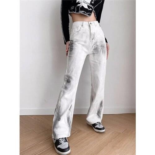 Wide Leg Pants Vintage Distressed Jeans Paint Splash Loose High Waist 90s Aesthetic Retro Streetwear White Flared Jeans Women