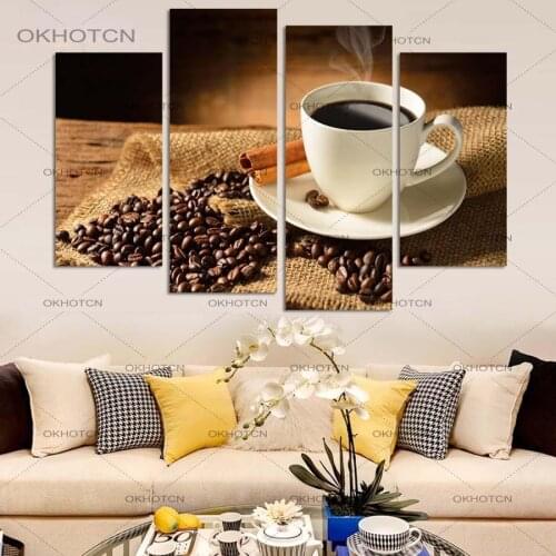 4 Pieces No Frame Canvas Painting Art Print Poster Wall Modular Picture Coffee and Beans On The Desk for Kitchen Room Modern Dec