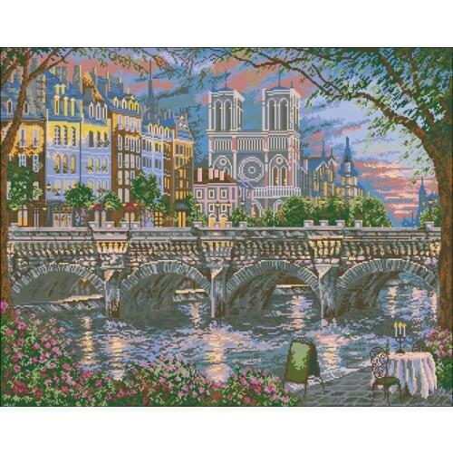 Lovely Gold Collection Counted Cross Stitch Kit Seine River Riverside dining table Church and Bridge landscape Free Shipping