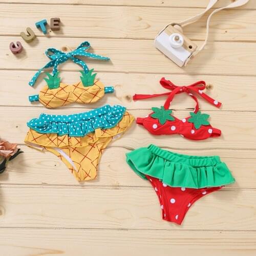 Lovely Girls Split Swimsuit Summer Cute Strawberry/Pineapple Shape Hanging Neck Suspender Top Flouncing Shorts Set Beachwear