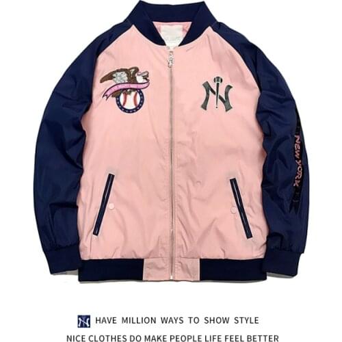 New Arrival Pink Thin Light MLBNY Embroid Womens Coach Baseball Bomber Jacket Zipper Unisex Streetwear Sport Vintage Casual