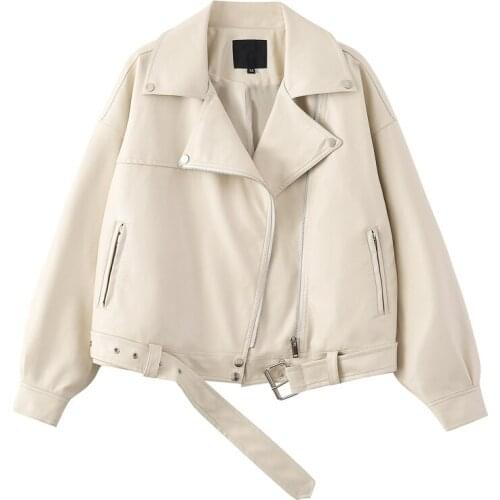2021 New Spring Autumn Lapel Long Sleeve With Belt Apricot Faux Leather Jacket Loose Plus Size Women Fashion Biker Jacket Female