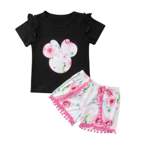 1-6T Toddler Baby Summer Outfits Kids Girl T-shirt Tops + Floral Tassel Short Set