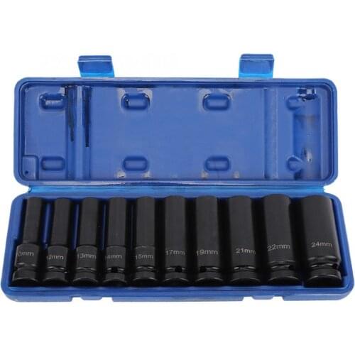 10Pcs Hex Impact Socket Set 10-24mm Heavy Duty Chrome Molybdenum Steel 1/2in Drive Socket