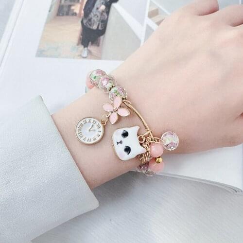 Natural Stone Kitty Clock Crystal Flower Tassel Beaded Glass Bracelet Hand Jewelry Female High Quality Bracelet Bead for Women