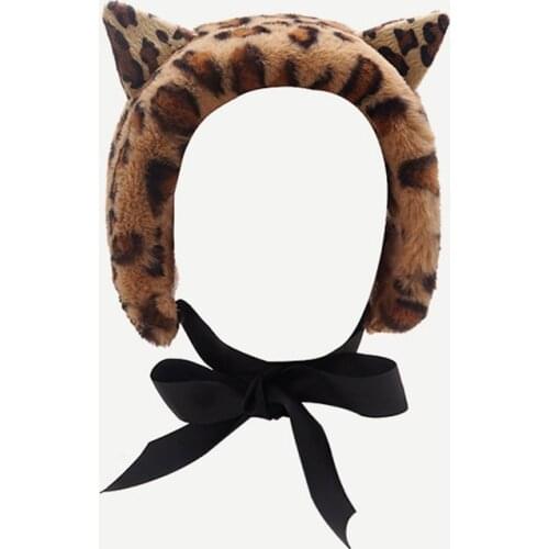 Leopard Earmuffs Female Autumn Winter Warm Japanese Style Imitation Fur Plush Creative Cat Ears Bowknot Strappy Accessories