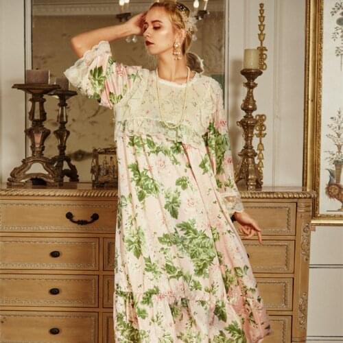 Nightgown Women Nightdress Long sleeve Sleepwear Romantic Nightgown Printing Satin