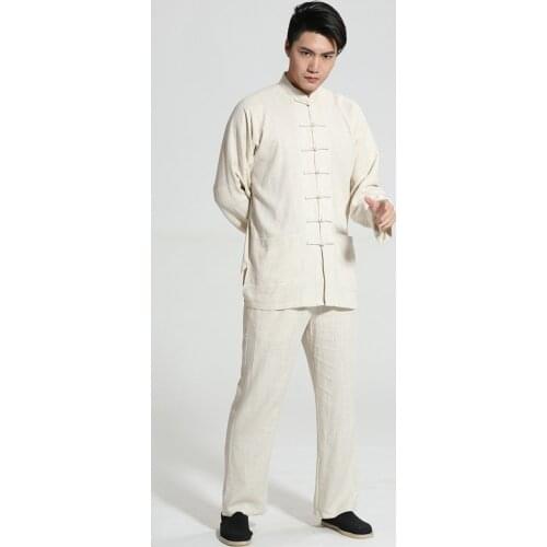 New Arrival Chinese Mens Solid Cotton Linen Kung Fu Suit Long Sleeve Wu Shu Tai Chi Sets Thin Buddhist Clothes YZT0902