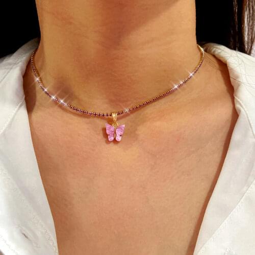 Trendy New 2mm AAA Zircon Tennis Chain Necklace For Women Blue Pink Butterfly Pendant Necklace 2020 Hip hop Rock Jewelry Gift