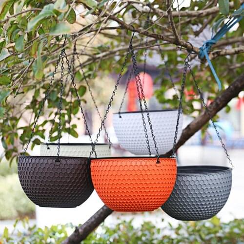 Macrame Honeycomb Rattan Plaited Hanging Baskets Garden Plant Flower Pot Resin Planter With Chain Plastic Flowerpot