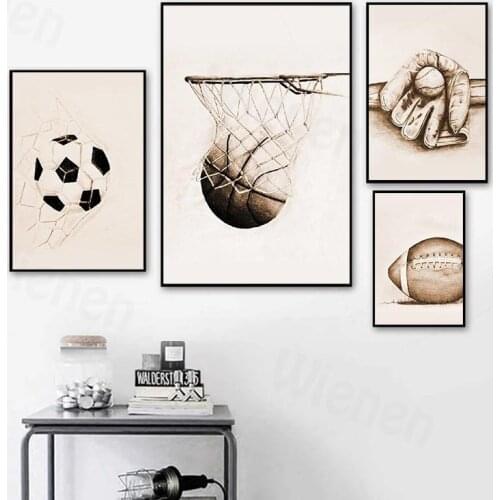 Retro Poster Ball Sports Picture Rugby Basketball Football Baseball Canvas Painting Home Decor Gymnasium Wall Art Classroom Mura