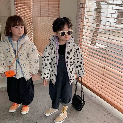 New Childrens Hooded Down Jacket Double-sided Cute Cartoon Print Coat Autumn Winter Bear Ears Girls Boys Clothing Warm Outwear