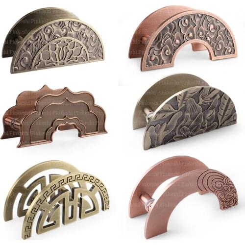 Retro carved antique door handle semi-circular glass sliding door handle Green bronze durable door solid handle