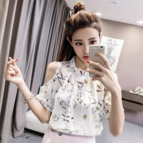 Off Shoulder Women Spring Summer Style Chiffon Blouses Shirts Lady Casual Stand Collar Flower Printed Chiffon Blusas Tops ZZ0815