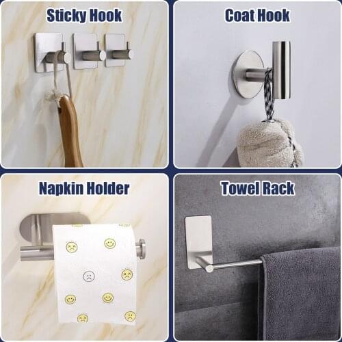 Self-Adhesive Stainless Steel Bathroom Hardware Kit Accessory Set with Towel Rack Coat Sticky Hooks Toilet Paper towel holder