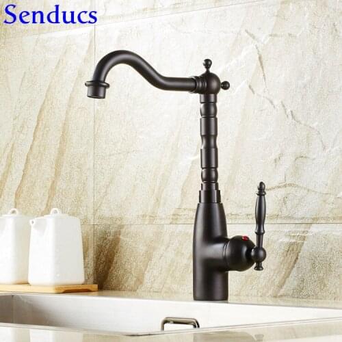Senducs Black Kitchen Sink Faucet Deck Mounted Black Bathroom Basin Sink Faucet Hot Sale Brass Bathroom Hot Cold Water Tap