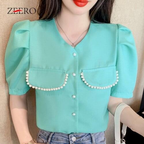 2021 Summer Clothing Women Short Sleeve V-Neck Single-breasted Pocket Beading Vintage Blouses Female Korean Slim Casual Shirts