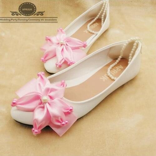 Pink satin flower flats shoes woman ladies girls party proms dress shoes ankle white beading elastic straps dinner pink flats
